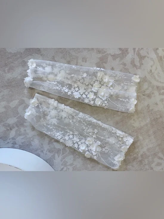 Sheer White Floral Appliqué Lace Sparkle Detachable Bridal Sleeves XL - Picture 2 of 6